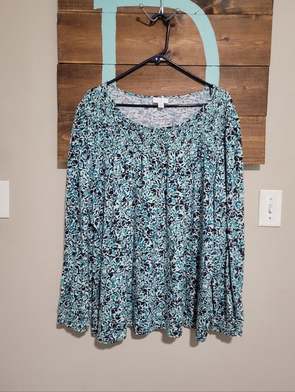 J.Jill Aqua Floral Long-Sleeve Smocked Neckline Peasant Cottage Top 3x